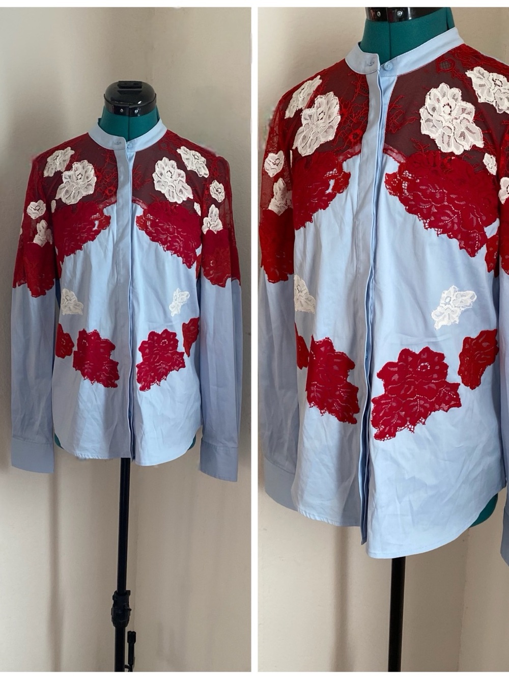 NWT White House Black Market Light Blue Button-Front Jacket with Red & White Lac